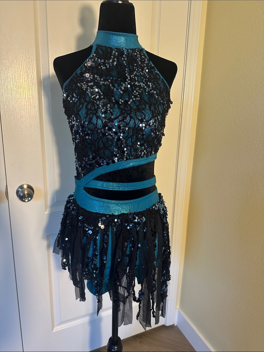 Blue metallic, Black lace and sequin fringe dance costume. Adult medium.